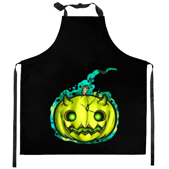Green Pumpkin Spirit With Horns Halloween Kitchen Aprons