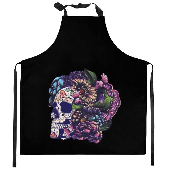 Halloween Sugar Skull And Flowers Kitchen Aprons
