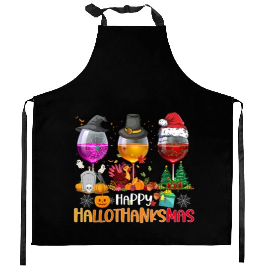 Wine Glasses Witch Santa hat Happy Hallothanksmas Kitchen Aprons