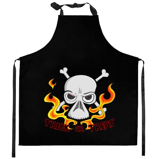 Trick or Treat Cartoon Horror Fiery Skull Kitchen Aprons