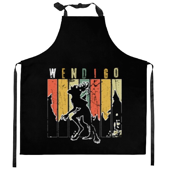 Retro Folk Wendigo Halloween Cryptid Monster Kitchen Aprons
