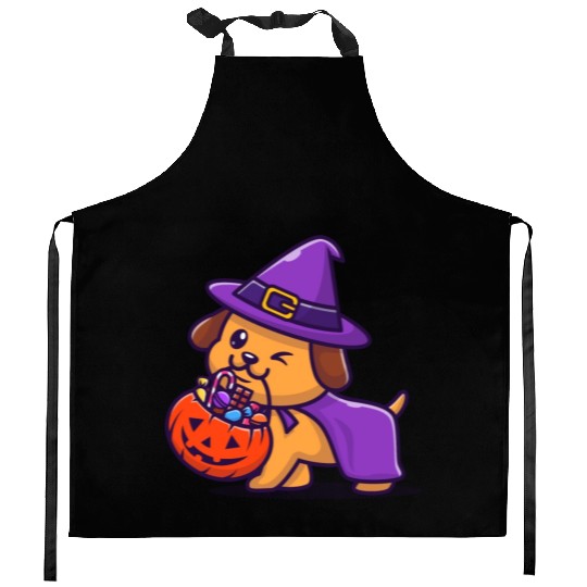 Dog witch with a pumpkin - Halloween Kitchen Aprons