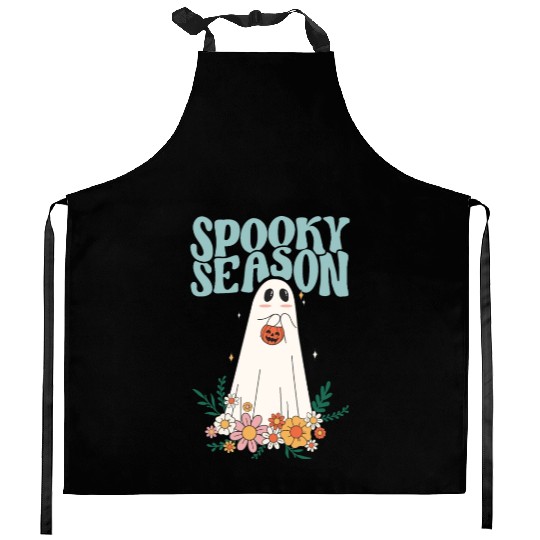 Funny Floral Ghost Halloween Spooky Season Kitchen Aprons