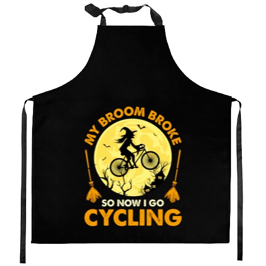 Funny Halloween My Broom Broke So Now I Go Cycling Kitchen Aprons