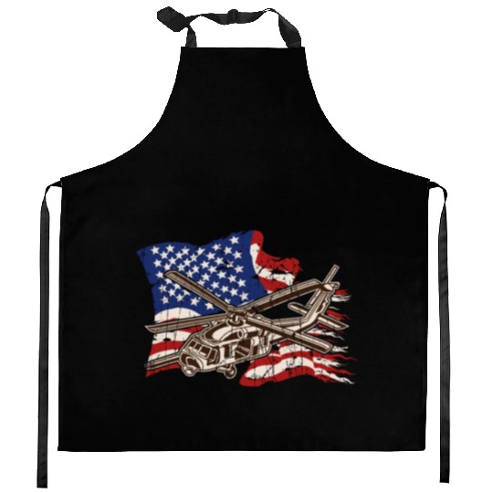 Helicopter with american flag background - chopper Kitchen Aprons