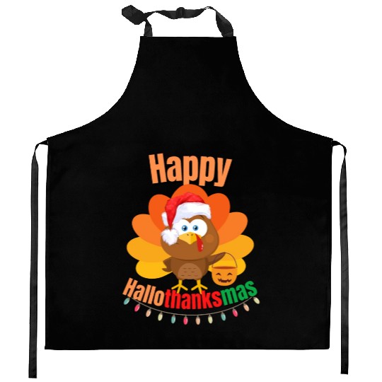 Happy Hallothanksmas Trick or Treat Santa Turkey Kitchen Aprons