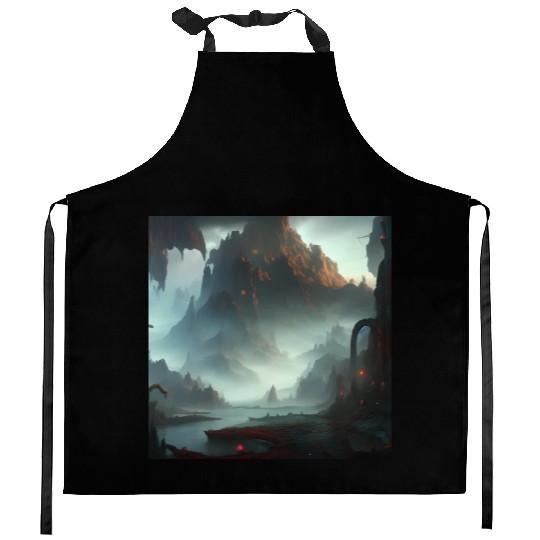 Misty Mountains in a Fantasy Scene Kitchen Aprons