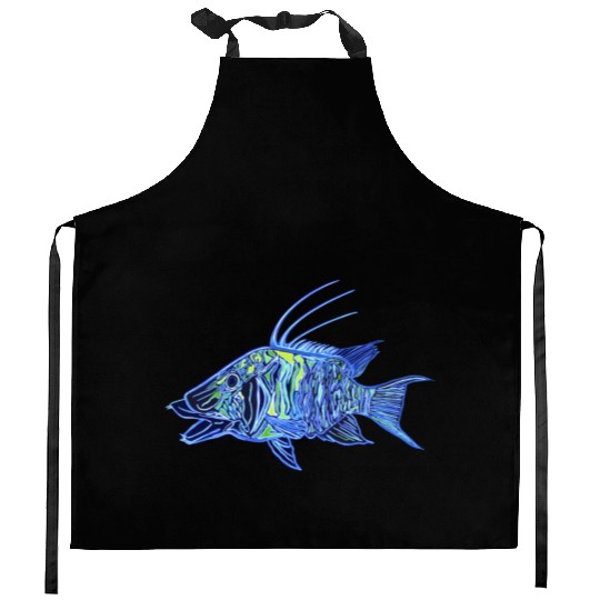 Neon blue green hogfish - funky fish designs Kitchen Aprons