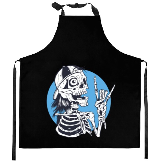 Skeleton rock and roll cartoon Kitchen Aprons