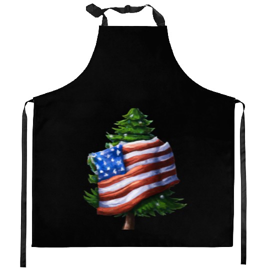 Patriotic Christmas US Flag Wrapped Christmas Tree Kitchen Aprons
