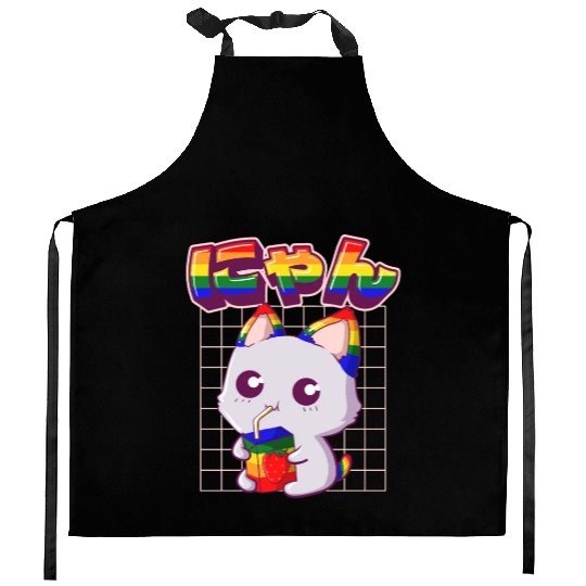 Gay Pride Kawaii Cat Strawberry Milk Rainbow Flag Kitchen Aprons