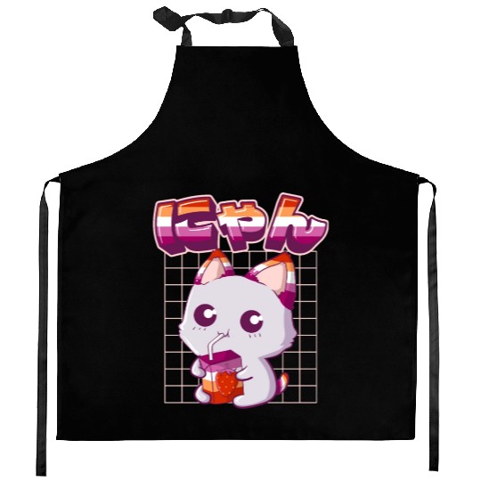 Lesbian Pride Gay Kawaii Cat Strawberry Milk Lesbi Kitchen Aprons