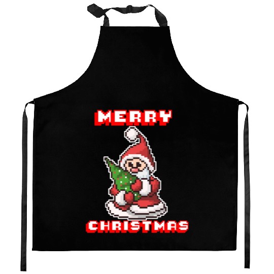 Merry Christmas I Xmas I 8 Bit Pixelated Santa Kitchen Aprons