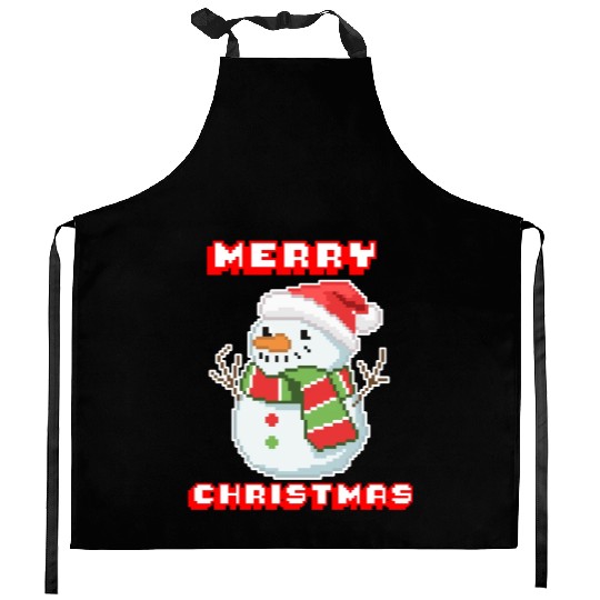 Merry Christmas I Xmas I 8 Bit Pixelated Snowman Kitchen Aprons