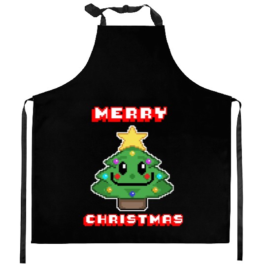 Merry Christmas I Xmas I 8 Bit Pixelated Kitchen Aprons