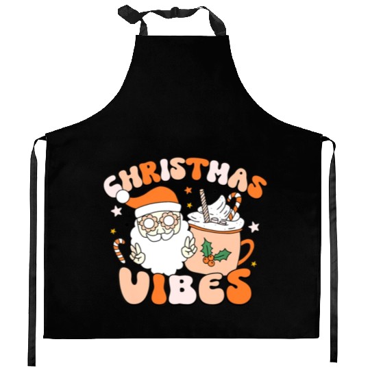 Retro Groovy Christmas Vibes Cute Santa Claus Xmas Kitchen Aprons