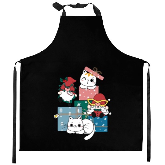 cute gnome and kitty cats on present gift box Kitchen Aprons