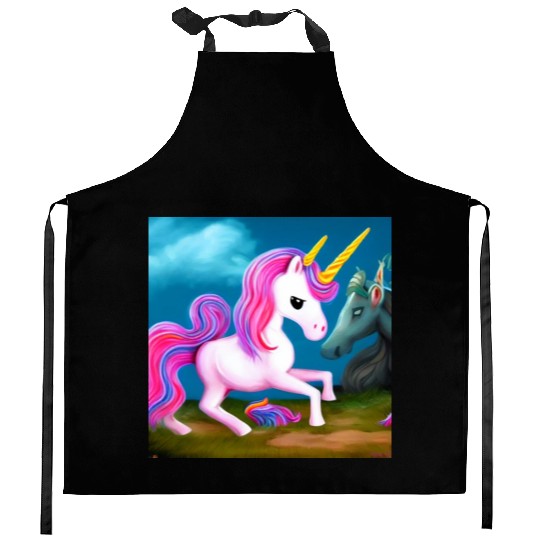 White Unicorn in pastel colors Kitchen Aprons
