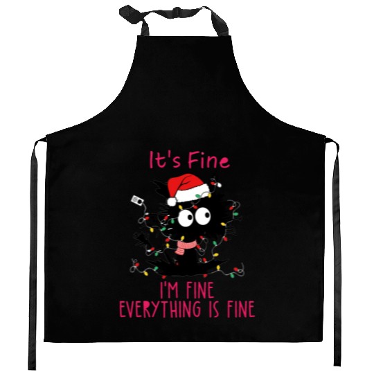 Everything's Fine Black Cat Tangled in XMAS Light Kitchen Aprons