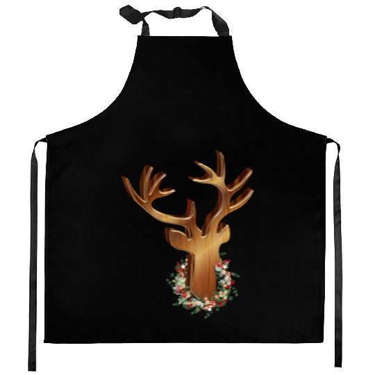 Deer head in wood look with Christmas wreath Kitchen Aprons