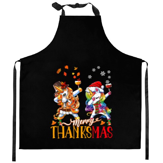 Merry Thanksmas funny unicorn Thanksgiving xmas Kitchen Aprons