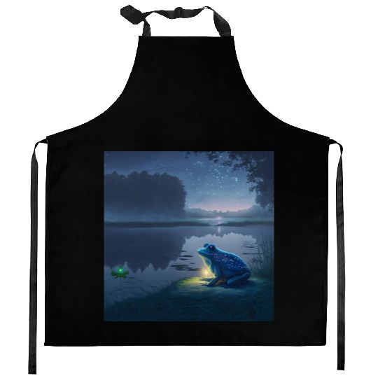 Blue Frog and Firefly on a pond at Night Kitchen Aprons