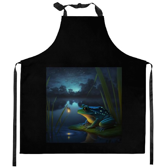 Frog and Firefly Friends on the Pond at Night Kitchen Aprons