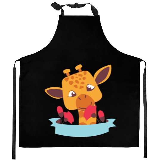 kawaii funny cute baby giraffe smells flowers Kitchen Aprons