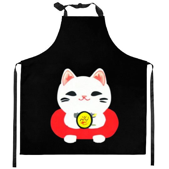 Kawaii Maneki Neko Cat Illustration Kitchen Aprons