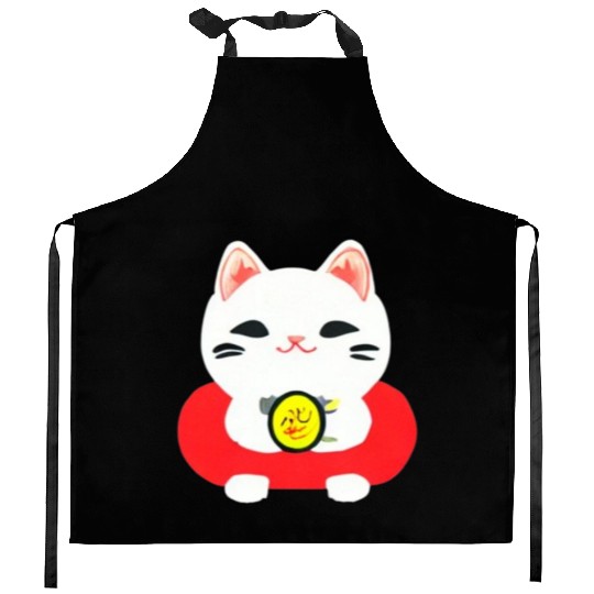 Kawaii Maneki Neko Cat Illustration Kitchen Aprons