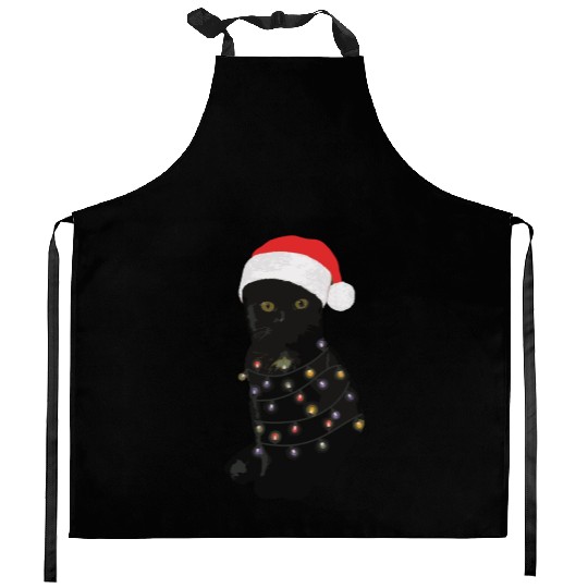 Black Cat Christmas Light Funny Cat Lover Kitchen Aprons