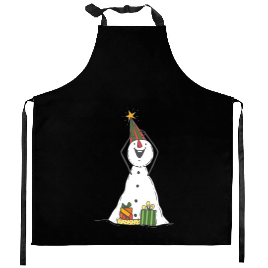funny snowman with mustache and carrot Kitchen Aprons