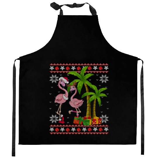 Pink Flamingo Christmas Palm Tree Matching Kitchen Aprons