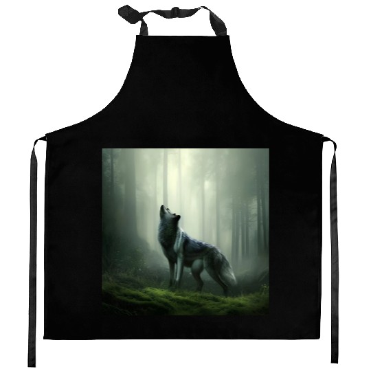 Howling wolf at midnight Kitchen Aprons