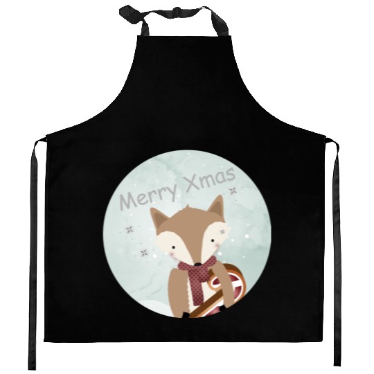 cute fox for Christmas with candy cane Kitchen Aprons