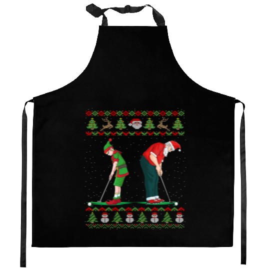 Golf Elf Golfer Ugly Christmas Santa Claus Golfing Kitchen Aprons