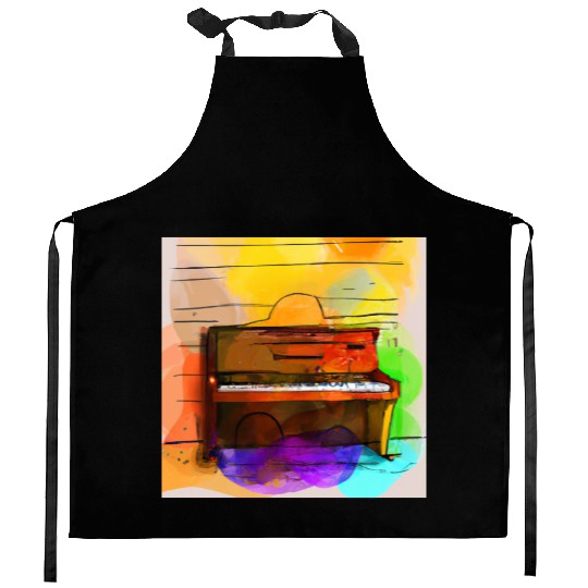 A beautiful piano in front of a colorful wall Kitchen Aprons