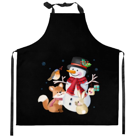 Snowman with fox, rabbit and robin Kitchen Aprons