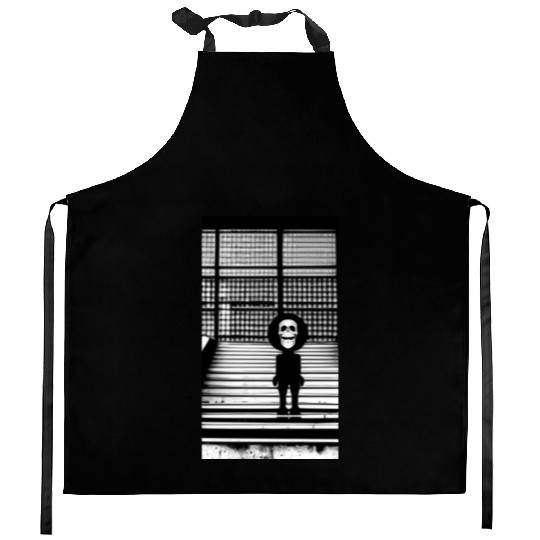 Scary Skull in Kitchen Aprons Standing on the Steps Street