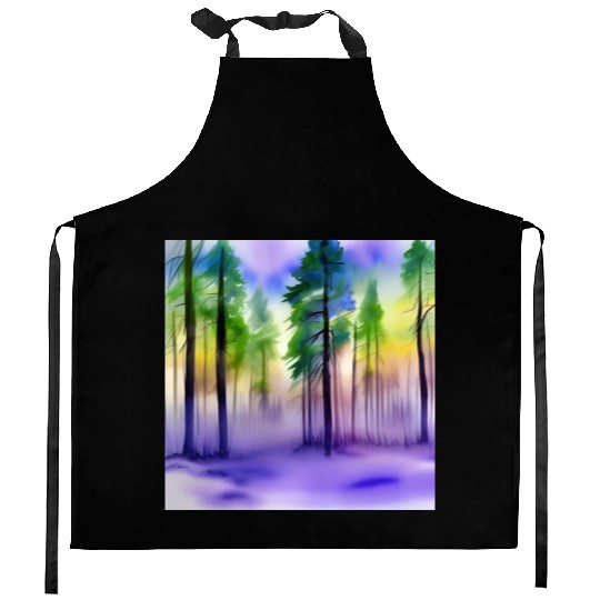 Evening in watercolor forest Kitchen Aprons