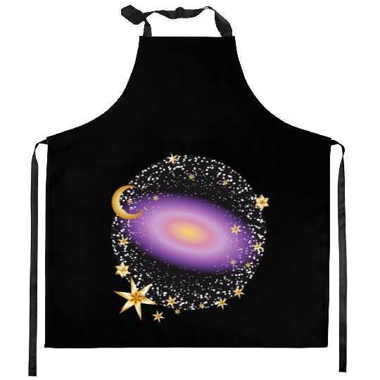 glowing violet galaxy with moon and stars Kitchen Aprons