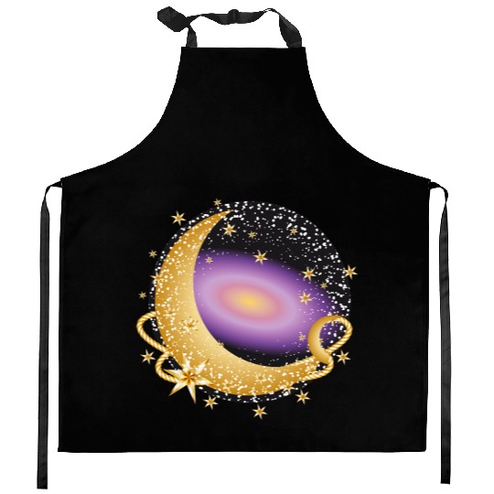glowing violet galaxy with moon and stars Kitchen Aprons
