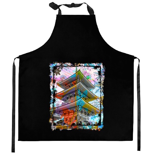 Japan Pagoda Cherry Blossoms Collage Art 70 Kitchen Aprons
