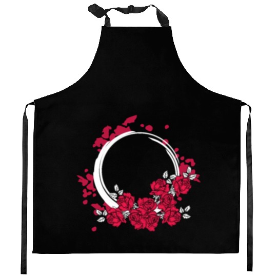 Zen Circle Japanese Roses Flower Bouquet Aesthetic Kitchen Aprons