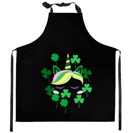Green Shamrocks Irish Cute Unicorn Girls St Patric Kitchen Aprons