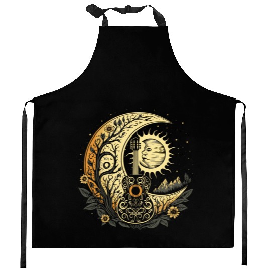 Cottagecore Acoustic Guitar With Moon, Sun, Stars Kitchen Aprons