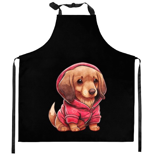 Watercolor Dachshund Pup Illustration Kitchen Aprons