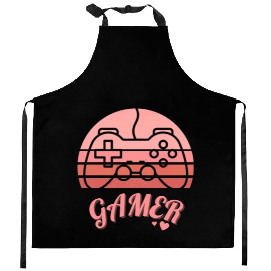 Pink Retro Gamer Valentine Day Kitchen Aprons