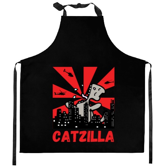 Catzilla funny cat Japanese Sunset Kitchen Aprons