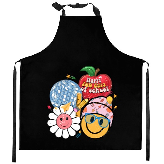 Happy 100 Days Of School Retro Groovy Face Kitchen Aprons